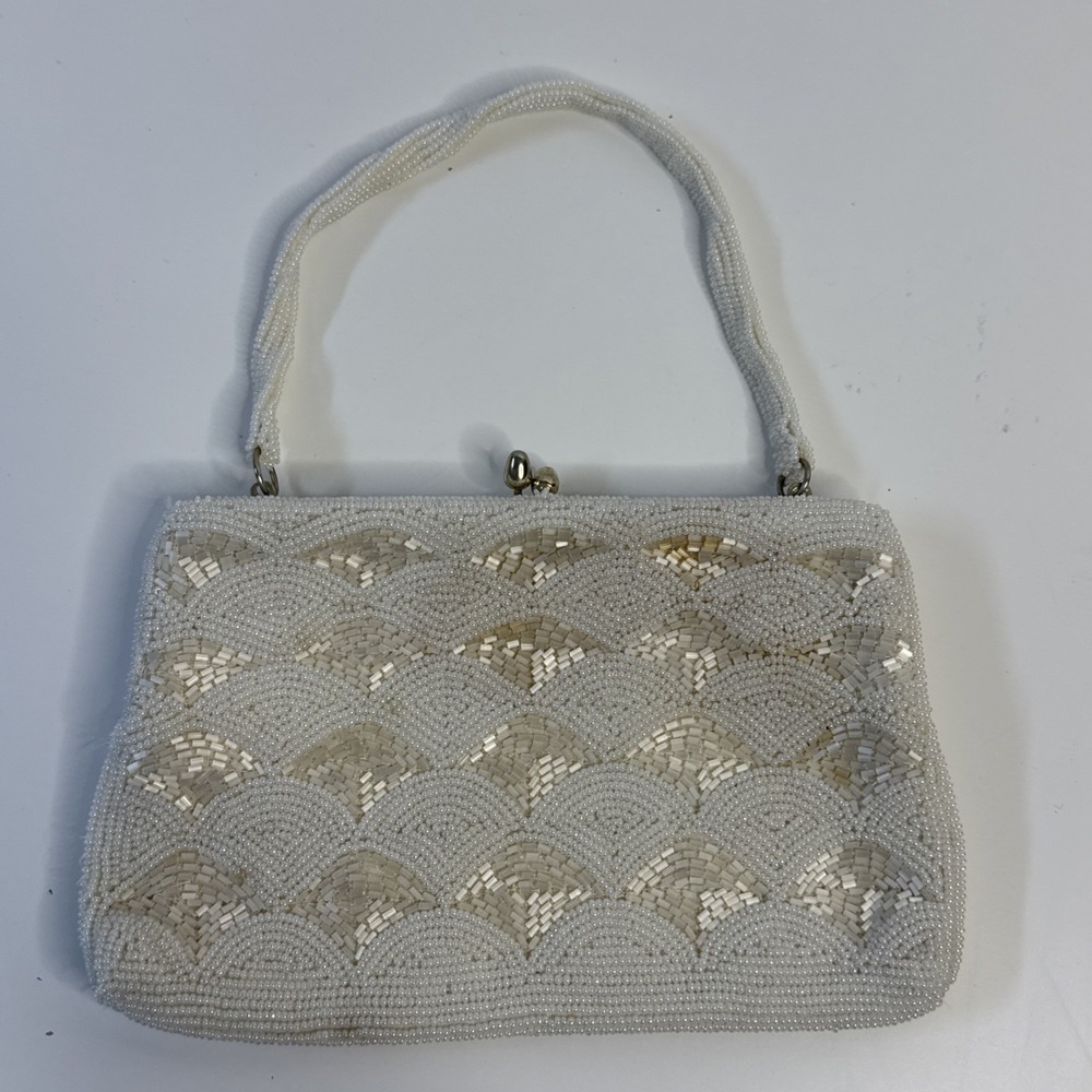 Vintage 1950s Beaded Evening Bag Cream White Pearl Micro Bead Handbag